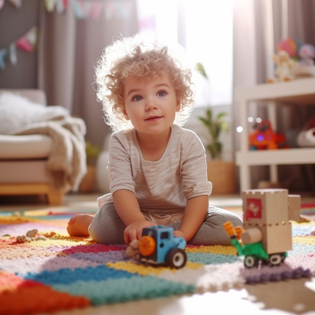 床におもちゃのトラックで遊んでいる小さな男の子。