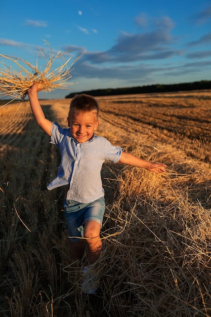 A little boy plays in a wheat field against the background of a blue sky and moon