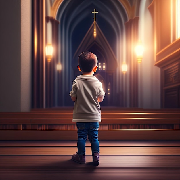 Little boy praying to god in church Faith in religion and belief in God Power of hope or love and devotion