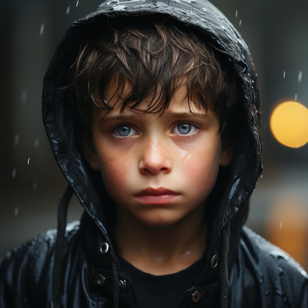 little boy in the rain