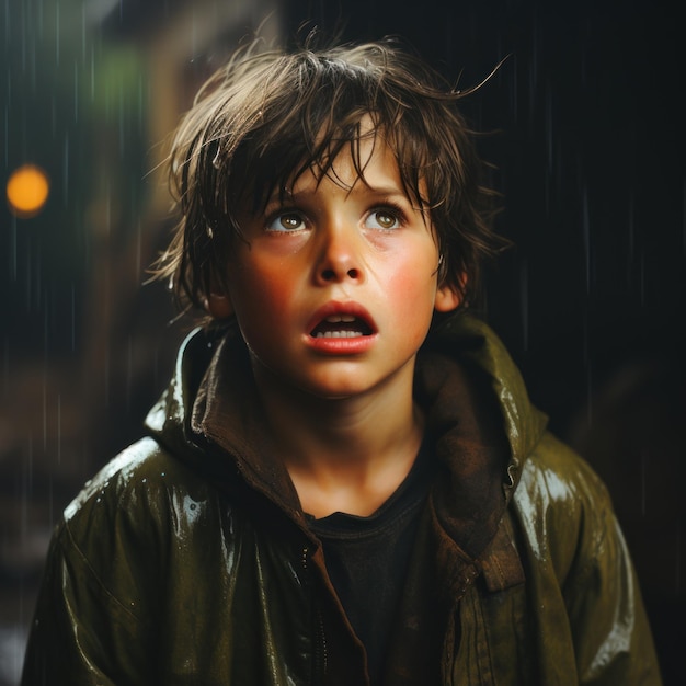 little boy in the rain