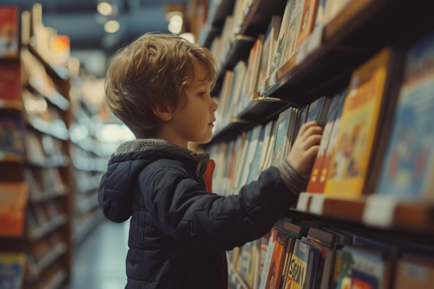 A little boy reaches for shelf of childrens books in the bookstore