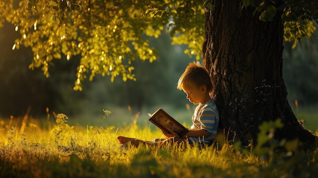 Little boy reading a book under big linden tree