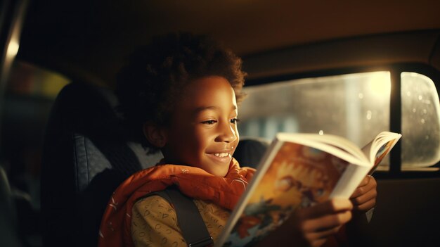 Little boy reading a magazine in a car