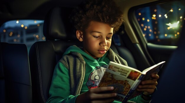 Little boy reading a magazine in a car