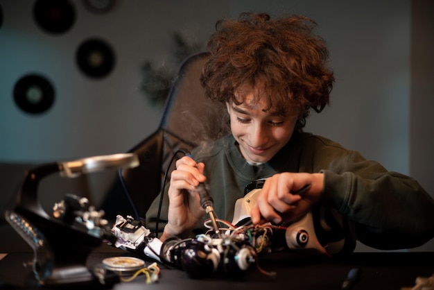 Photo the little boy repairing the robot soldering electronics improving the operation of the toy