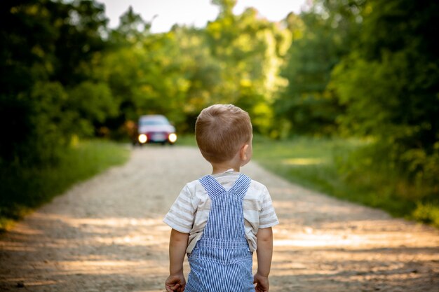 森の中の道の小さな男の子。道路上の危険。子供は路上で危険にさらされています