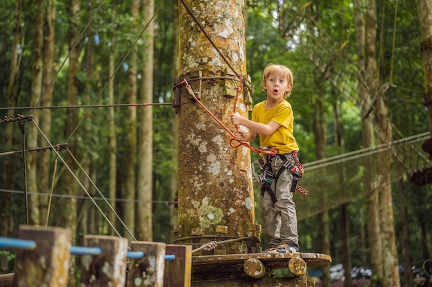 Little boy in a rope park Active physical recreation of the child in the fresh air in the park Training for children