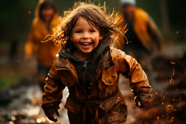 Маленький мальчик бежит по лесу.