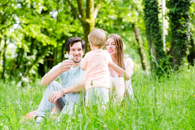 Little boy running over meadow with family in back