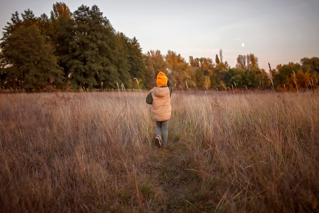 小さな男の子は、美しい秋の森の背景の上に乾燥した牧草地を一人で小道を走ります