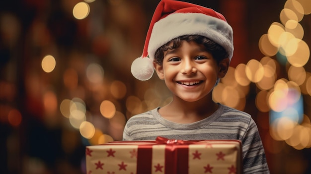 Photo little boy in santa hat holding a gift box on christmas background