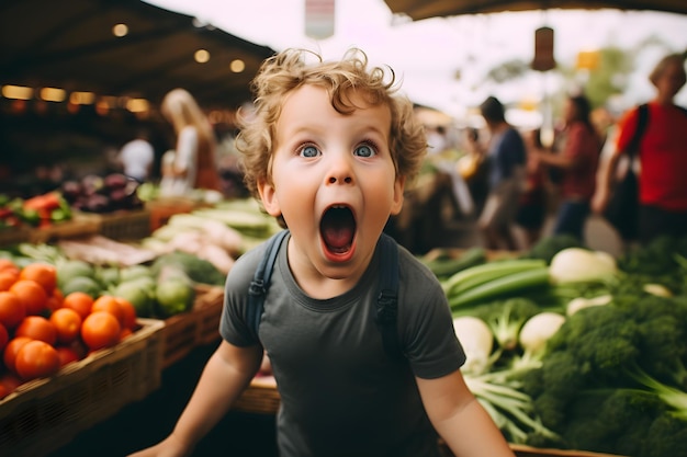 Foto un ragazzino urla nei mercati degli agricoltori con attività familiari concept family fun attività all'aperto child39s play energia positiva prodotti locali