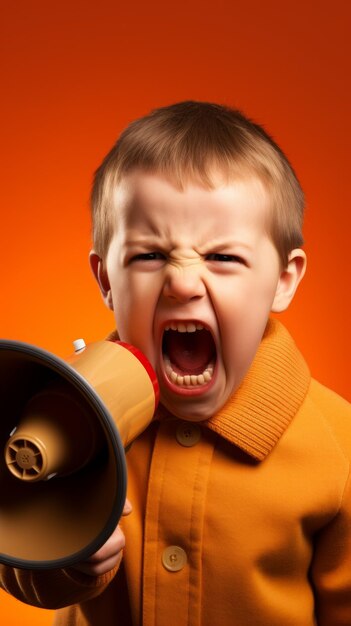 Photo little boy shouting through megaphone