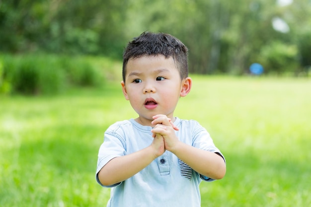 Little boy showing pray gesture