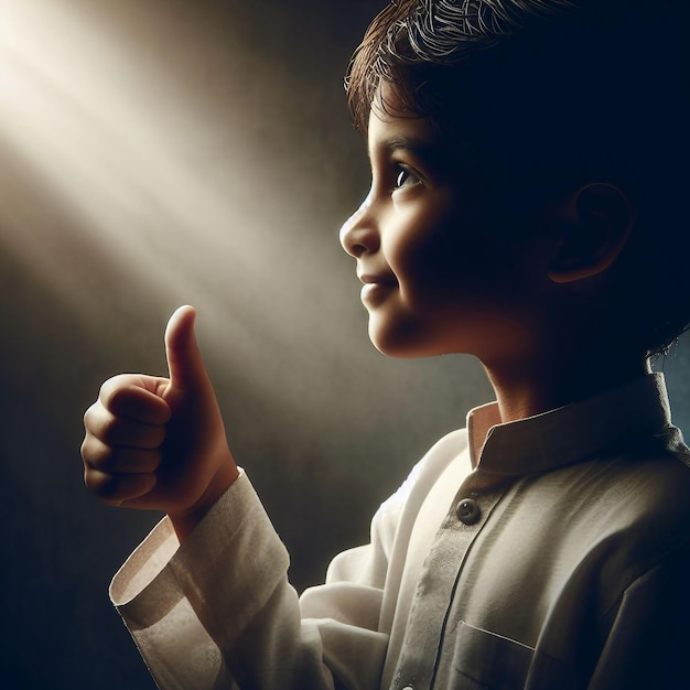 Photo little boy showing thumbs up over dark background