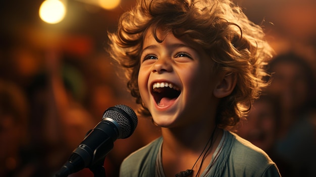 Foto un ragazzino che canta nel microfono