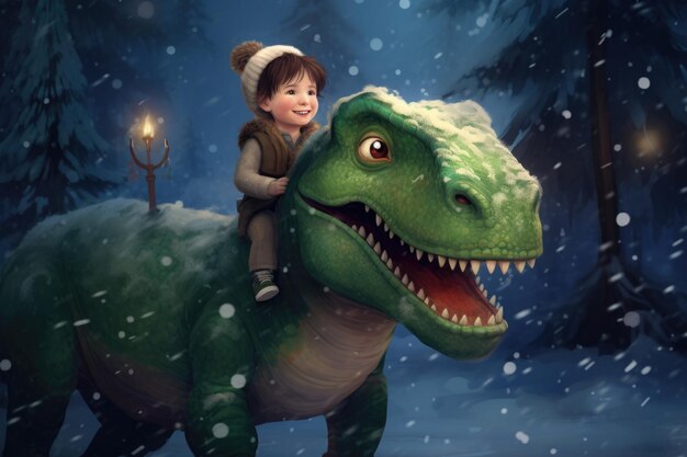 A little boy sits on a green dinosaur in winter on the street under the snow