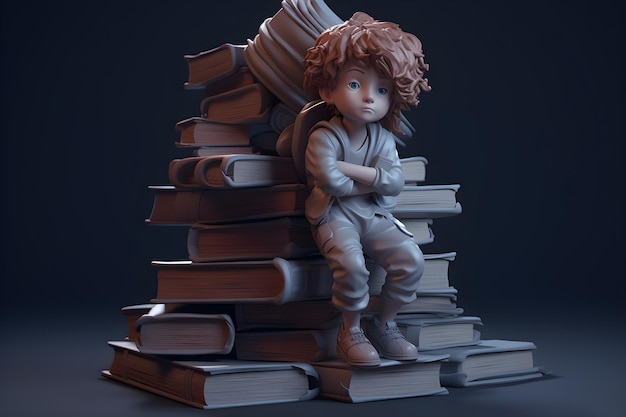 A little boy sits on a stack of books