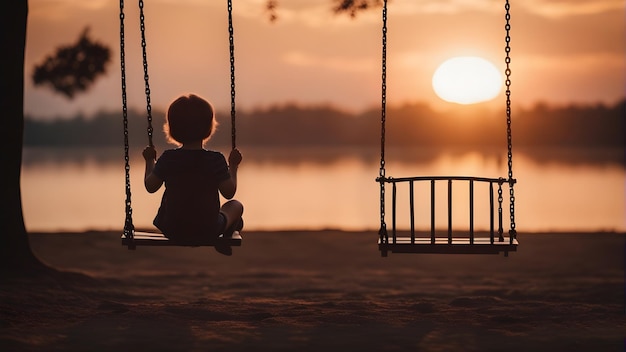 a little boy sits on a swing at sunset.