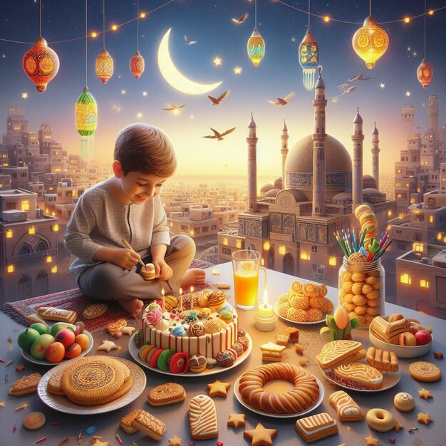 a little boy sits on a table Joyful Delights A Plate of Treats for Eid Mubarak