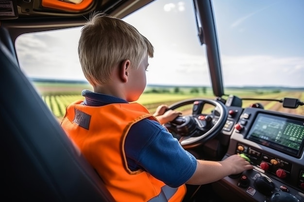 little boy sitting in combine harvester learning to drive it surrounded by field