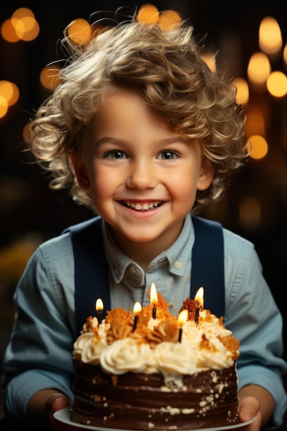 Photo little boy sitting in front of a cake