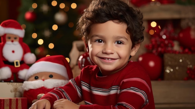 Маленький мальчик, сидящий перед рождественской елкой