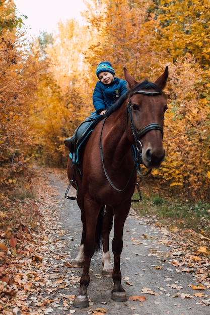 Little boy sitting on horse and smiling