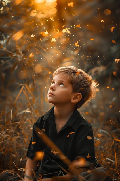 Little boy sitting on a meadow at sunset