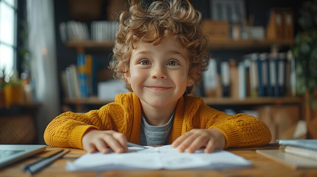 Photo little boy sitting at table with paper