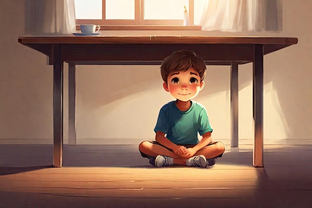 Little boy sitting under the table