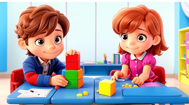 Little boy sitting with the girl in the classroom playing with cube puzzle