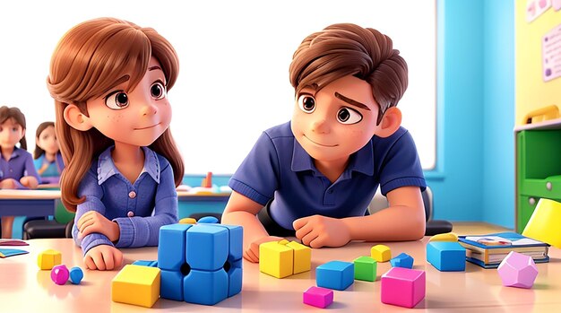 Little boy sitting with the girl in the classroom playing with cube puzzle