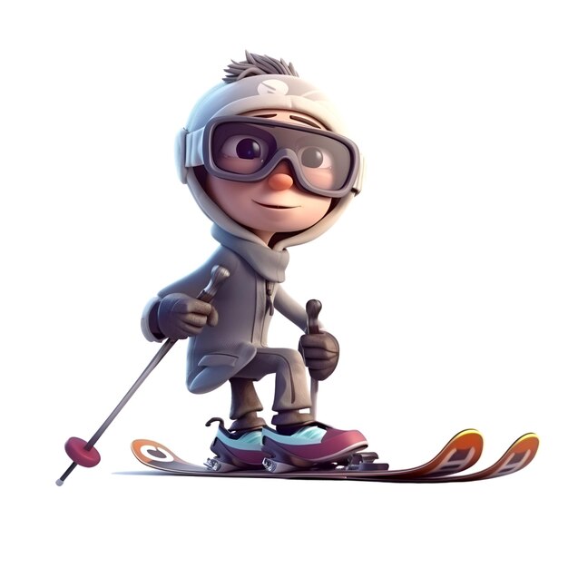 Little boy skiing isolated on a white background 3d render