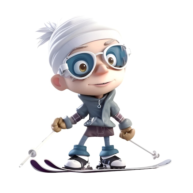 Photo little boy skiing isolated on a white background 3d rendering