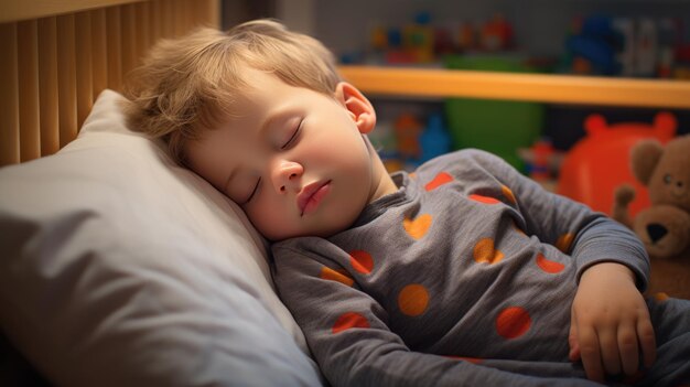 小さな男の子がベッドで眠っている