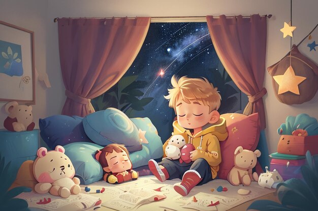 Little boy sleeping with doll full stars fantasy cartoon wallpaper background illustration