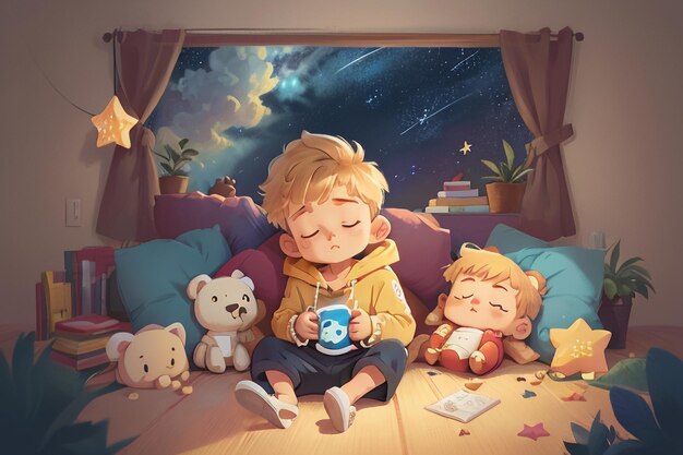 Photo little boy sleeping with doll full stars fantasy cartoon wallpaper background illustration