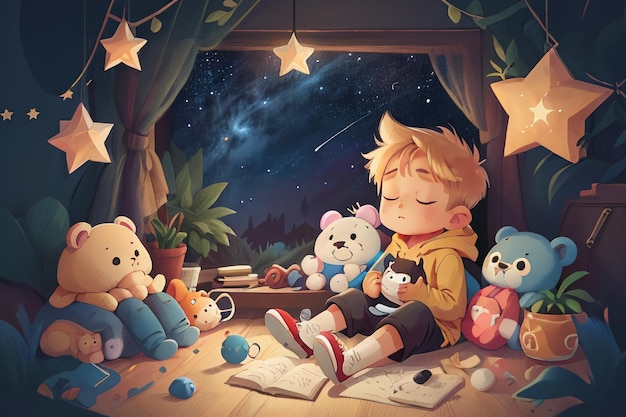 Photo little boy sleeping with doll full stars fantasy cartoon wallpaper background illustration