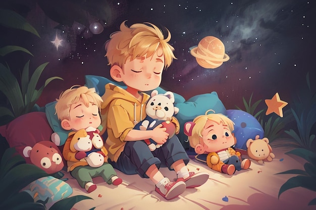 Little boy sleeping with doll full stars fantasy cartoon wallpaper background illustration