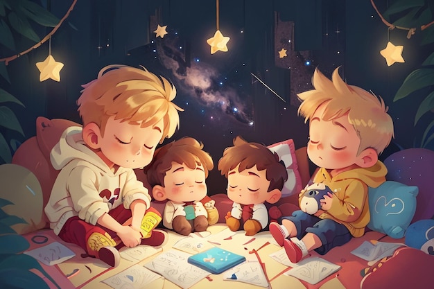 Photo little boy sleeping with doll full stars fantasy cartoon wallpaper background illustration