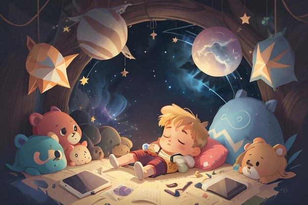 Little boy sleeping with doll full stars fantasy cartoon wallpaper background illustration