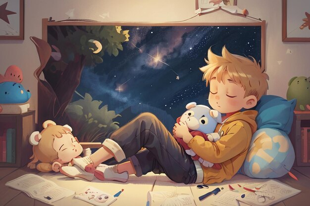 Little boy sleeping with doll full stars fantasy cartoon wallpaper background illustration