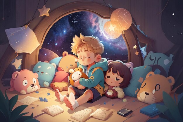 Little boy sleeping with doll full stars fantasy cartoon wallpaper background illustration