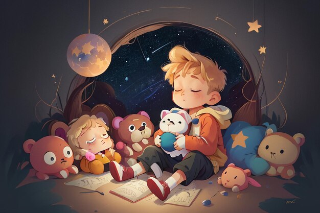 Photo little boy sleeping with doll full stars fantasy cartoon wallpaper background illustration