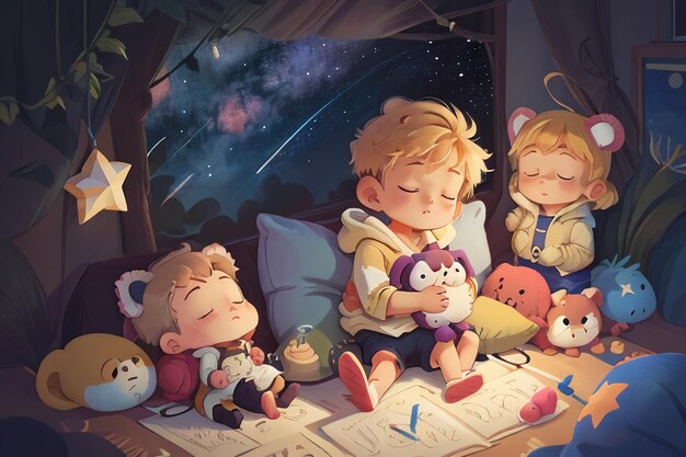 Little boy sleeping with doll full stars fantasy cartoon wallpaper background illustration