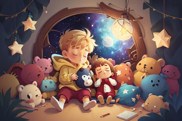 Little boy sleeping with doll full stars fantasy cartoon wallpaper background illustration