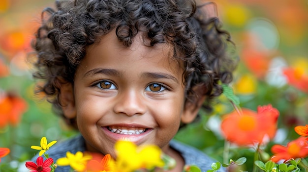 花の畑で微笑む小さな男の子