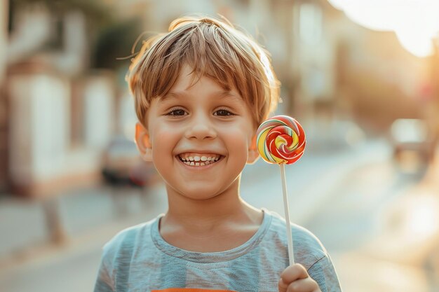 A little boy smiling and holding a lollipop with a blurry street backdrop and a big space for text or product Generative AI